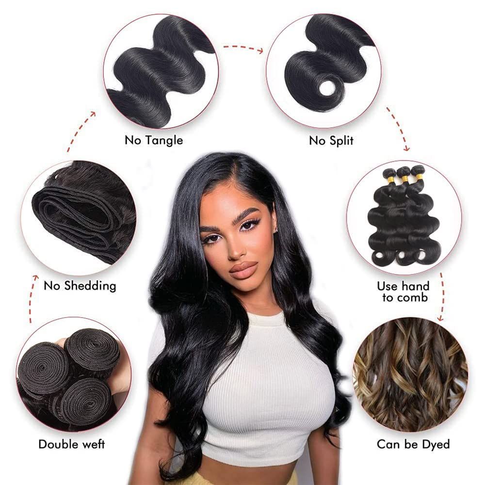 Body Wave Bundles Human Hair 26 28 30 Inch 100% Unprocessed Human Hair Bundles 12A Brazilian Virgin Hair Weave Body Wave 3 Pieces Natural Black Color 300G