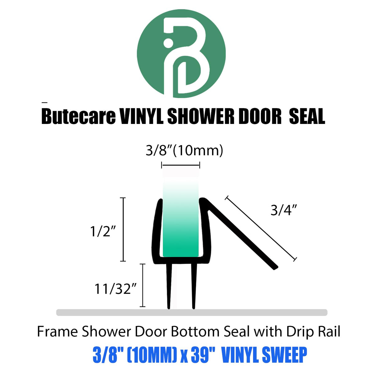 2-Pack Butecare Frameless Shower Door Bottom Seal for Glass Doors – Stop Shower Leaks and Create a Water Barrier (3/8” x 39”)