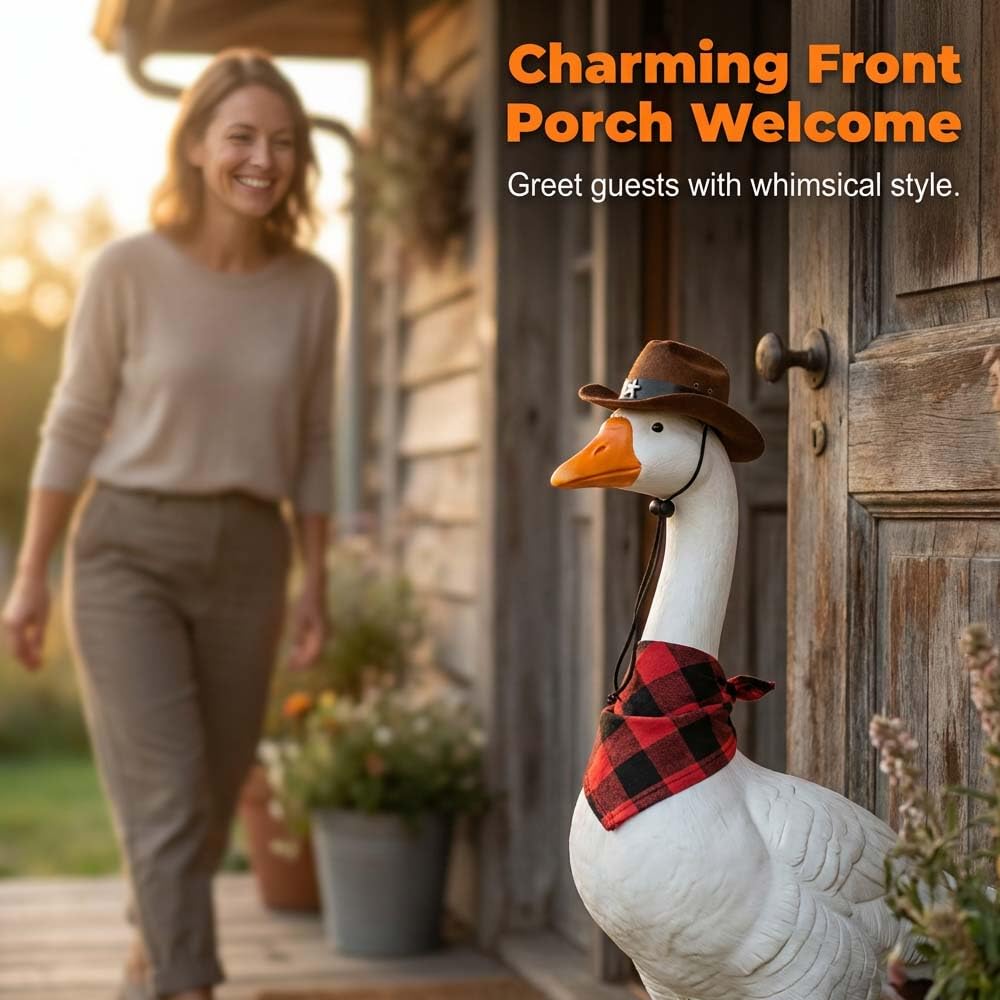 VTYER 2026 New Adjustable Large Porch Goose Statue – 14 Inch Realistic Hollow Plastic Garden Goose with Removable Cowboy Hat & Bandana, Stone Base with Sand-Fillable Design (White)
