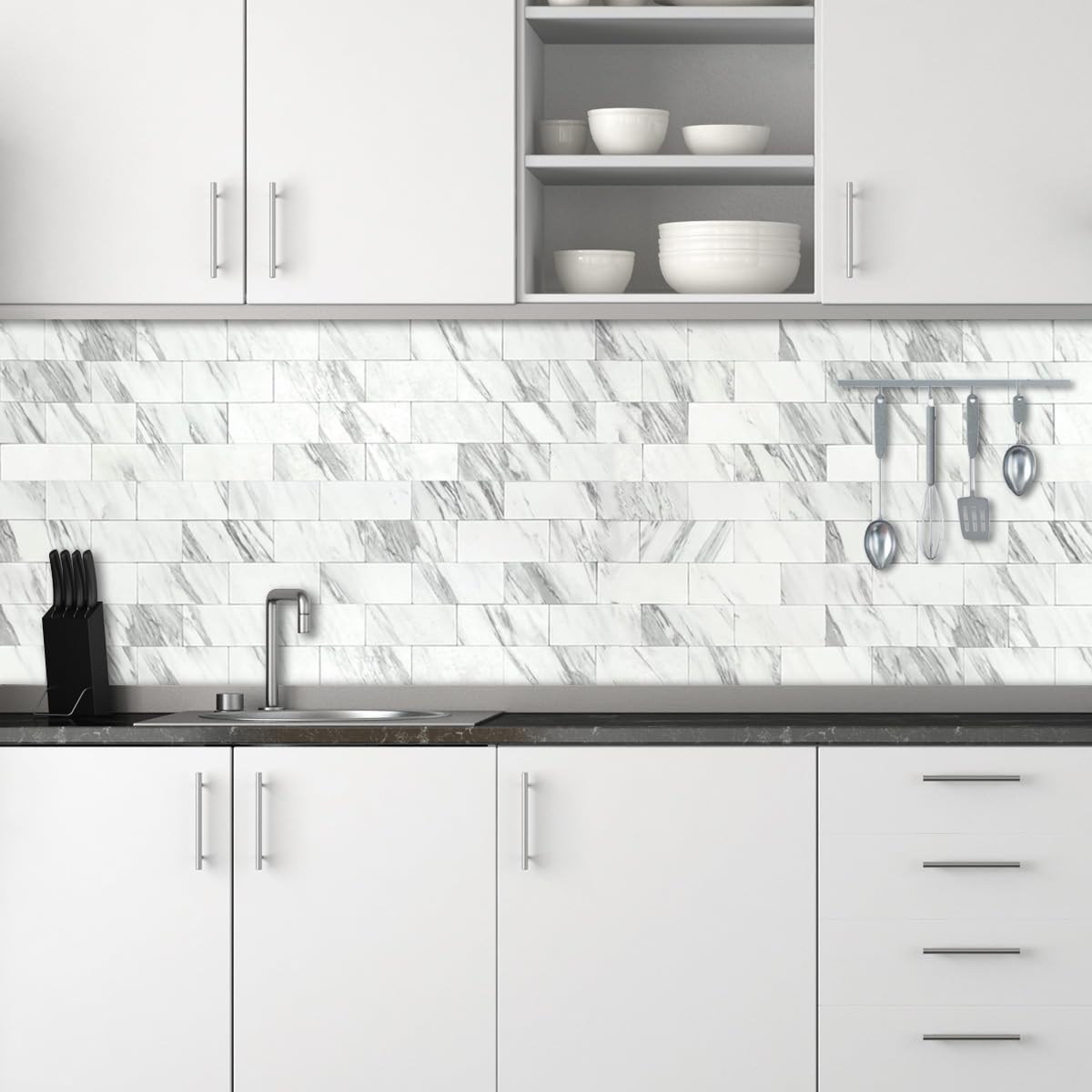 AULIGET 100-Piece White Marble Look Peel and Stick Backsplash Wall Tiles, 3" x 6" PVC Faux Stone Stick on Tile for Backsplash Kitchen, Bathroom, Laundry Room, Camper, Fireplace