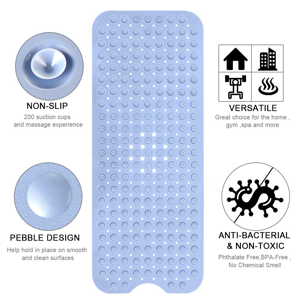 YINENN Bath and Shower Safety Mats 40x16 inch, Non Slip with Suction Cups for Bathroom Stall and Tub Floor, Extra Large and Machine Washable, Drain Holes Keep Bathtub Clean, Light Blue