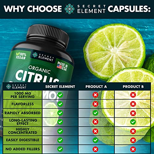 SECRET ELEMENT Citrus Bergamot Extract 1000mg - Organic Citrus Bergamot Supplement for Heart, Immune System Support, and Healthy Aging - Pure, Vegan Bergamot Capsules