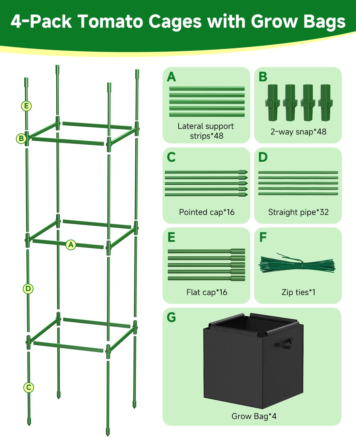 MQJIAZHI 4 Pack Square Tomato Trellis Cages 55 Inch Height, with 17 Gallon Square Grow Bags (12×12in), Heavy Duty Tomato Plant Support Stakes for Outdoor Garden Climbing Vegetables Fruits Flowers