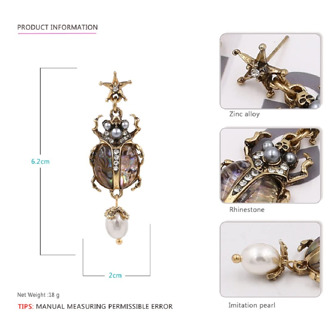 Beetle Earrings for Women, Cubic Zirconia Insect Drop Earrings, Cute Funny Jewelry