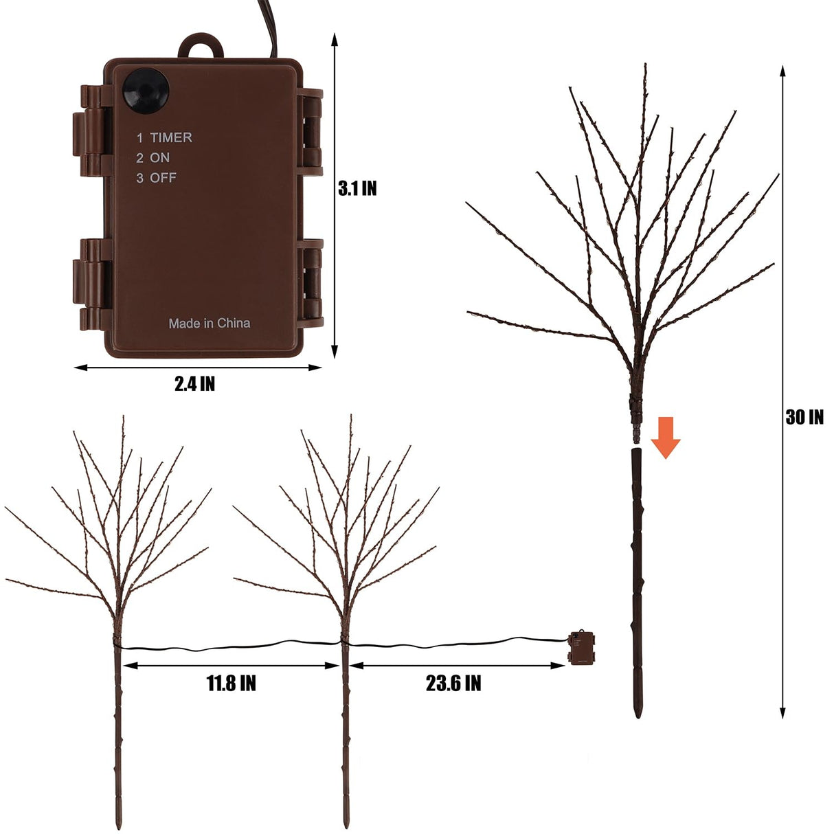 Lighted Christmas Tree Branches, 30IN 100LED Artificial Brown Twig Branch with Warm White Lights, Timer & Battery Operated, Waterproof for Indoor Outdoor Holiday Xmas Office Bedroom Party Decorations
