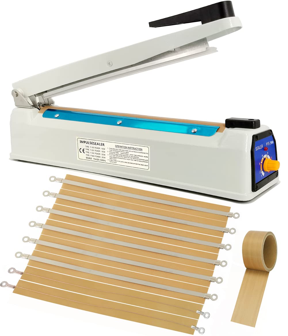 Impulse Sealer 12 inch Mylar Bag Heat Sealer, Heat Sealer for Plastic Bags, Metal Iron Shell, Impulse Sealer 3mm Sealing, Manual Hot Seal Machine with 8 Repair Kits(Included 2 Cutter Lines)