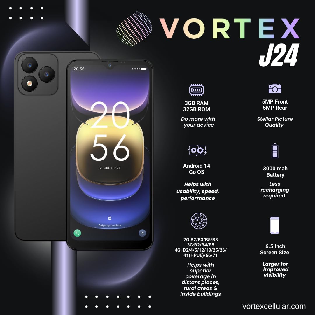 Vortex J24 | 2024 | All-Day Battery | GSM Unlocked | 6.5” Display | 3/32GB | 3000mAh | US Version | US Warranty | Black