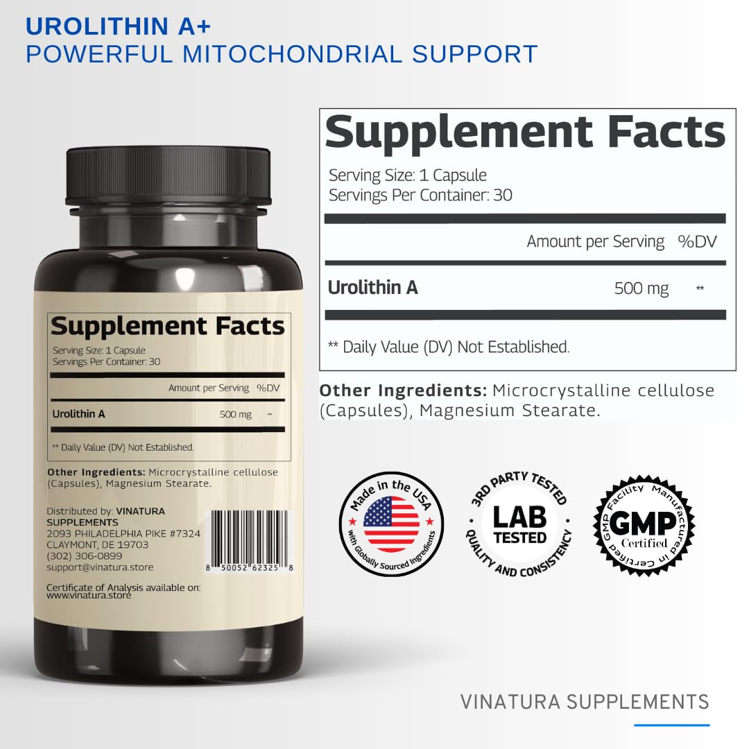 VINATURA Urolithin A Supplement 500mg - Urolithin A+ for Powerful Antioxidants, Anti Aging and Mitochondrial Support, 30 Capsules