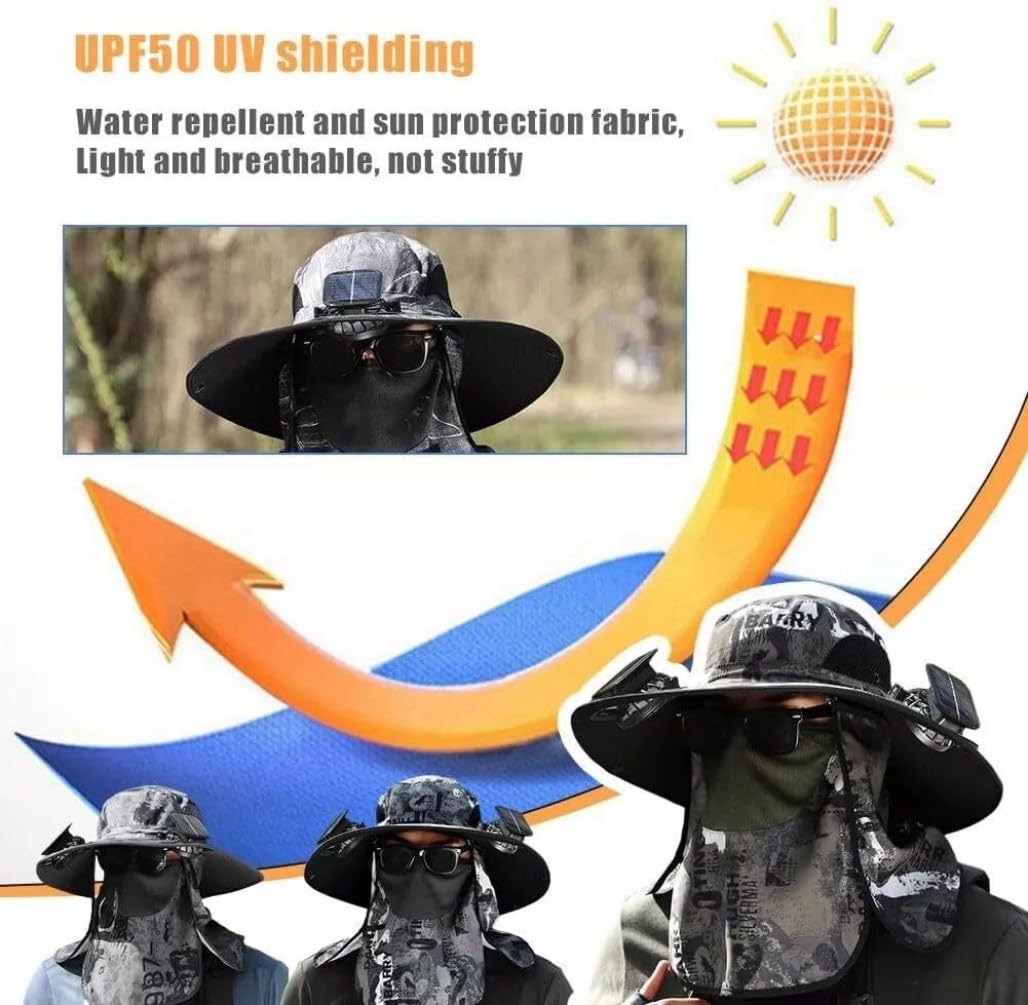 2025 New Ultralight Solar Fan Sun Hat, Wide Brim Solar Fan Hat Outdoor Fishing, Men Rechargeable UPF50+, Waterproof (H)