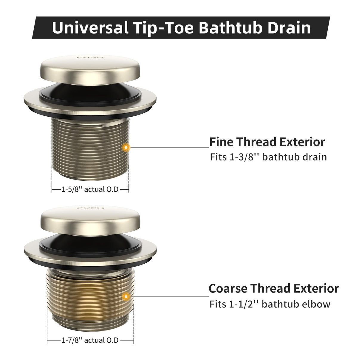 All Metal Tip-Toe Bathtub Drain Kit with Two-Hole Overflow Faceplate and Universal Fine/Coarse Thread Assembly, Bath Tub Drain Kit fits All Bathtub -Brushed Nickel