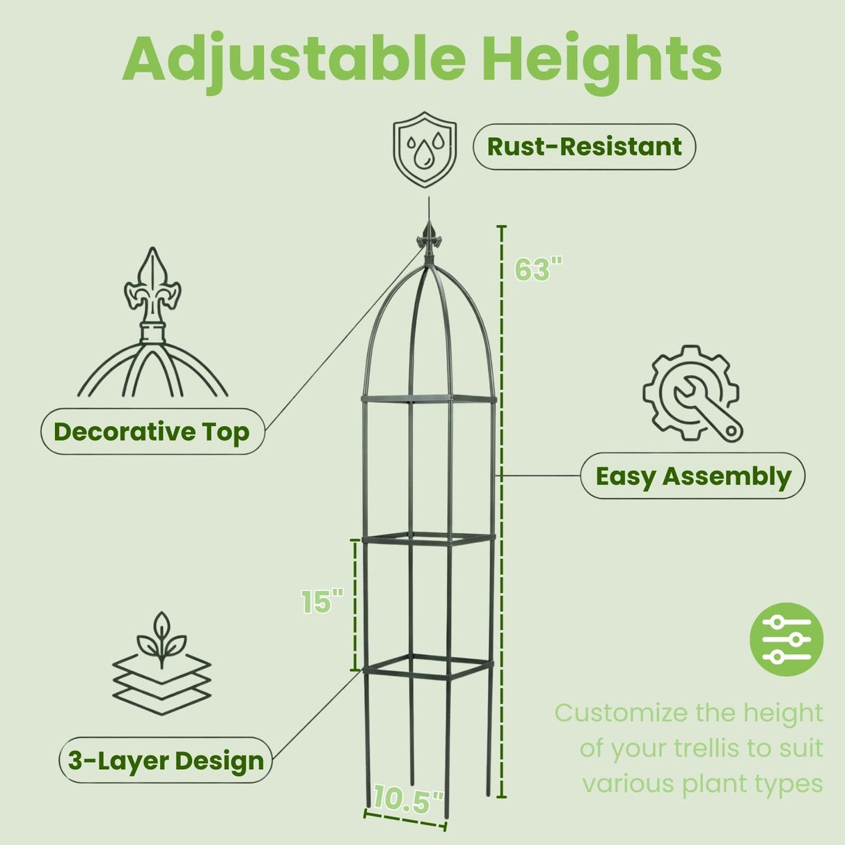 Lancisism 100% Metal Trellis for Climbing Plants Outdoor - Garden Metal Obelisk Trellis Vertical Plant Support for Climbing Vines & Flowers - Sturdy Steel Arch Trellis for Potted Plants Indoor Green