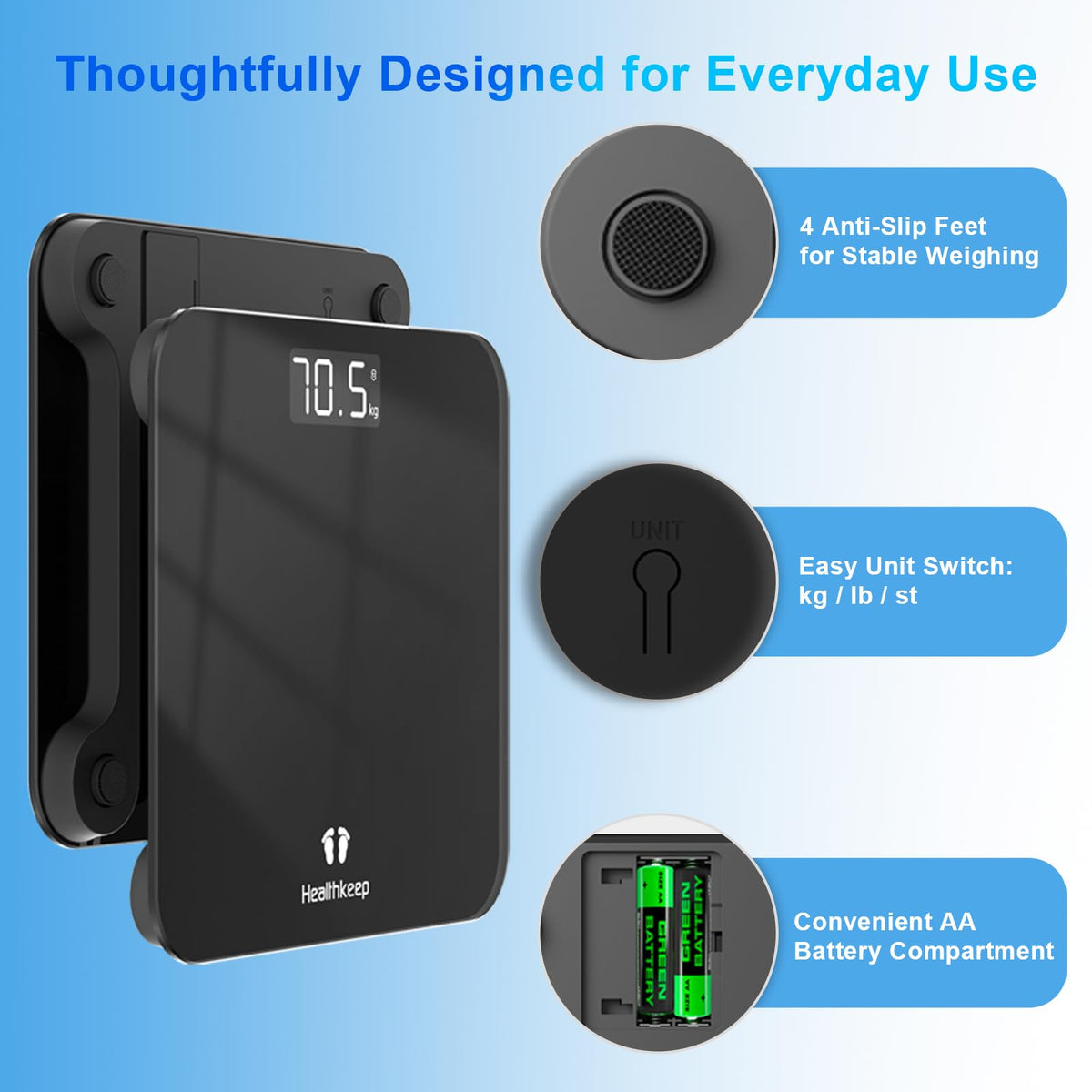 Digital Bathroom Scale for Body Weight: High-Precision 4-Sensor Accuracy, LED Display, 400lb/180kg Capacity, Safe Rounded Corners, Batteries Included