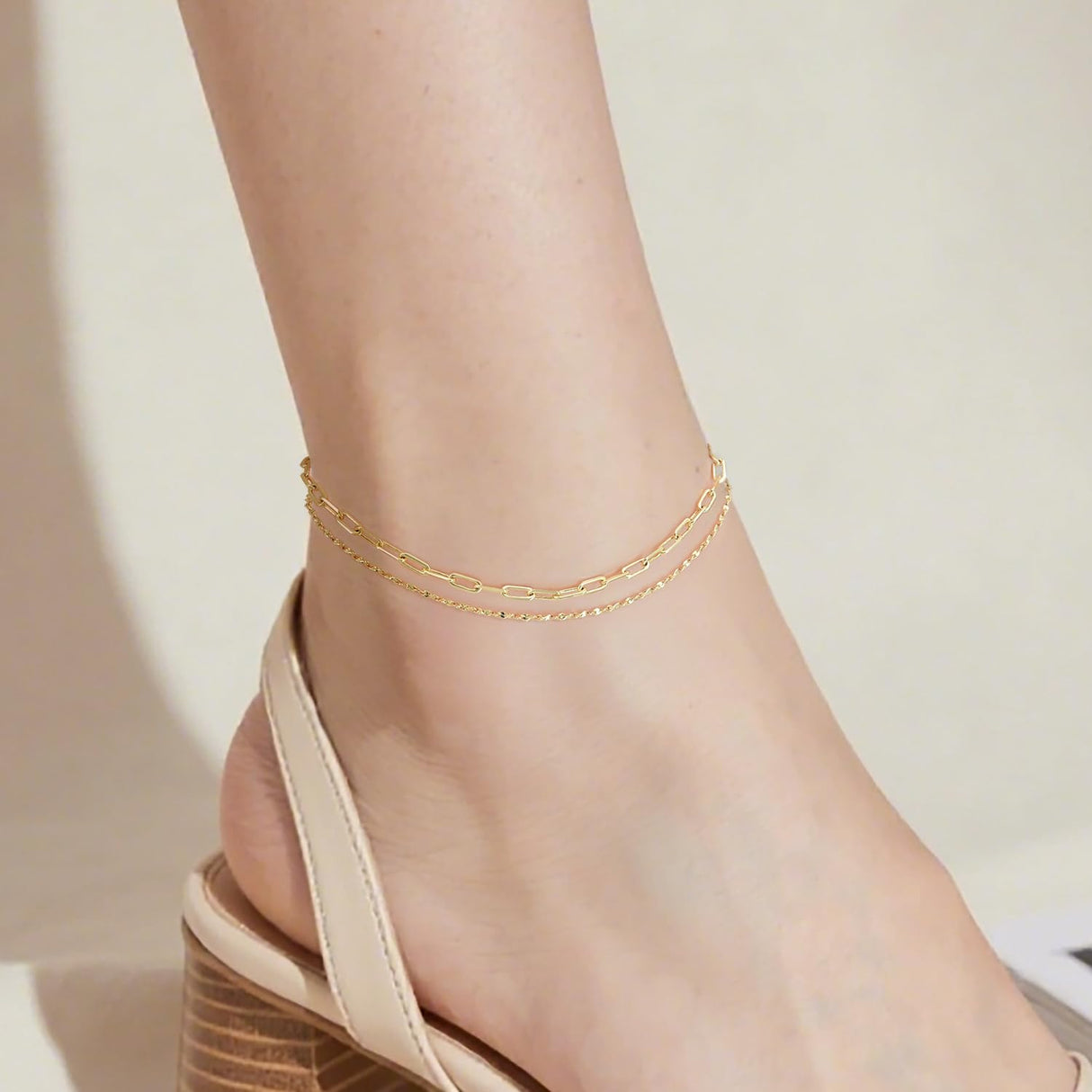 DIVAS MODE 14K Gold Anklets for Women Gold Ankle Bracelets for Women Double-Layer Design Delicate Chain Stacked with Paperclip Link Anklets for Womens ankles bracelets