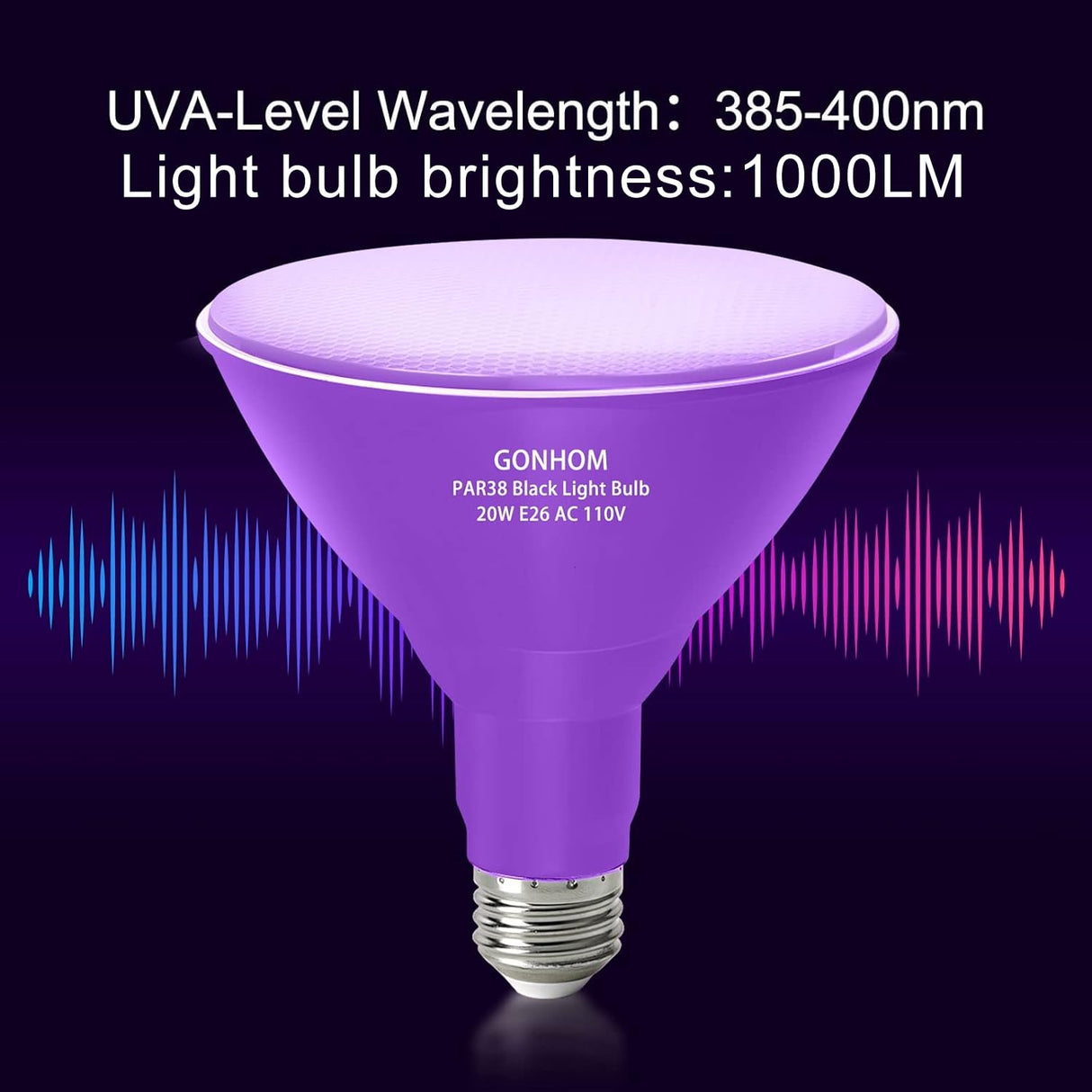 Gonhom 2 Pack Par38 Black Light Bulbs Outdoor,20W Black Flood Light Replace to 200W,1000LM E26 Base Blacklight Bulbs Outdoor for Halloween Light Bulbs,Christmas Party Decor,Home Lighting