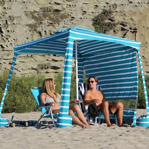 AMMSUN Beach Cabana, 6.2'×6.2' Beach Canopy, Easy Set up and Take Down, Cabana Tent with Sand Pockets, Instant Sun Shade with Side Wall, Turquoise