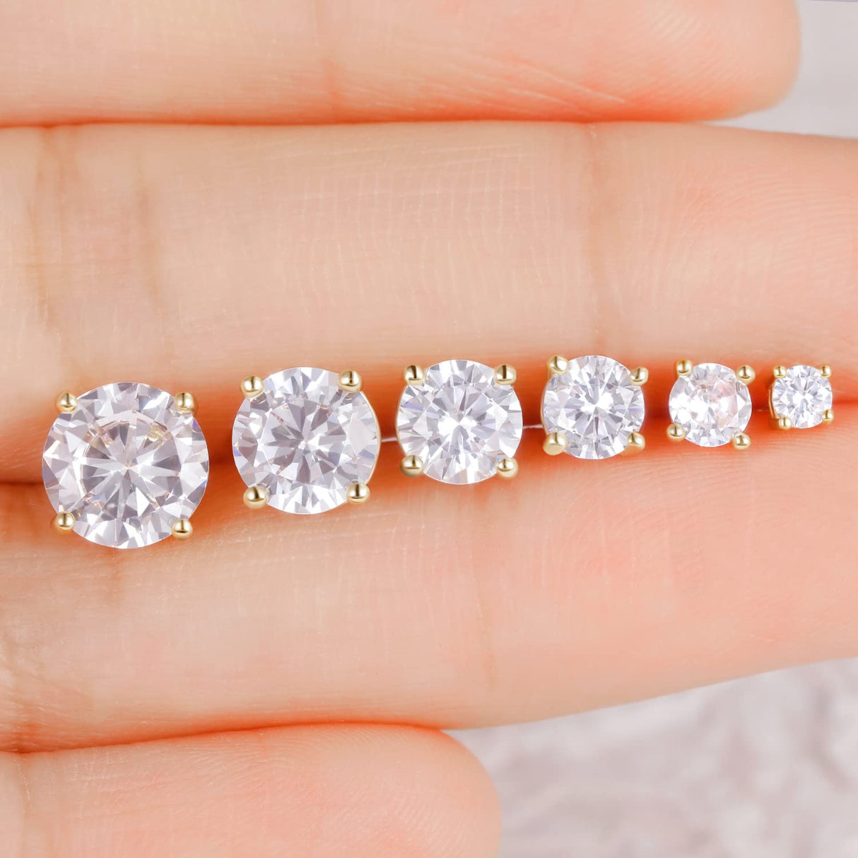 Gemsme 6 Pairs Cubic Zirconia Stud Earrings for Women/Men - Round Cut 4 Prong Settings 18K Gold Plated Hypoallergenic 3-8mm Clear Earrings Set - Gold