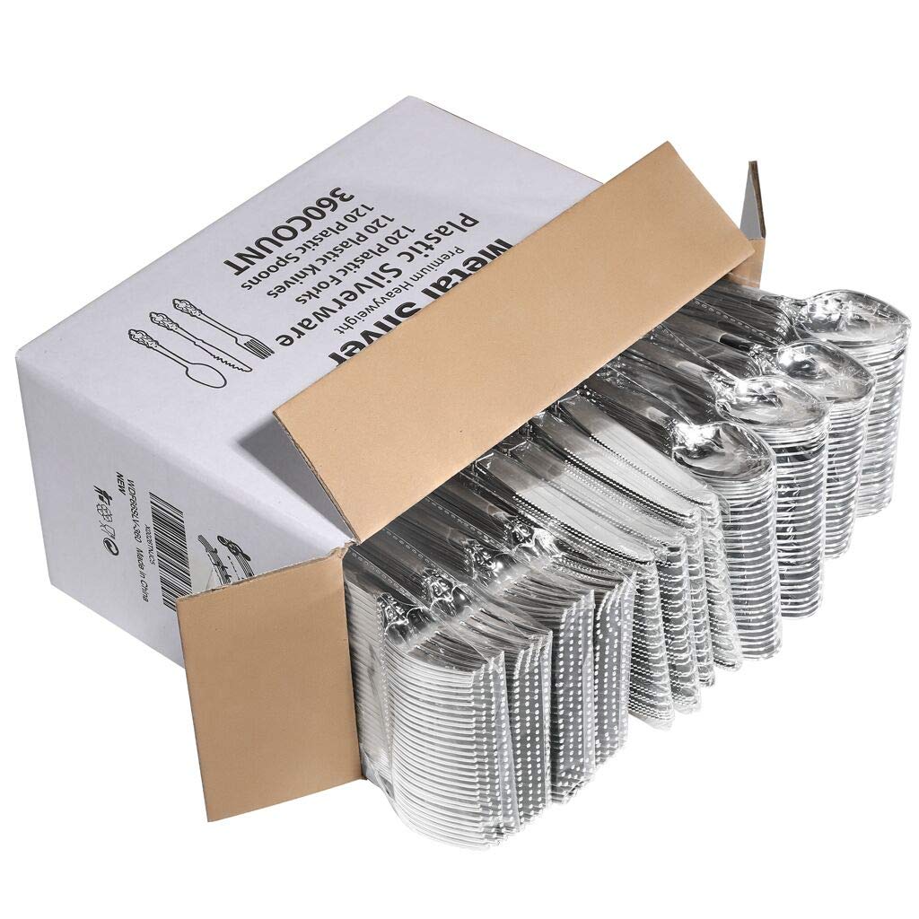 WDF 360 Pieces Silver Plastic Silverware- Disposable Flatware - Heavyweight Plastic Cutlery- Includes 120 Forks, 120 Spoons, 120 Knives for Christmas