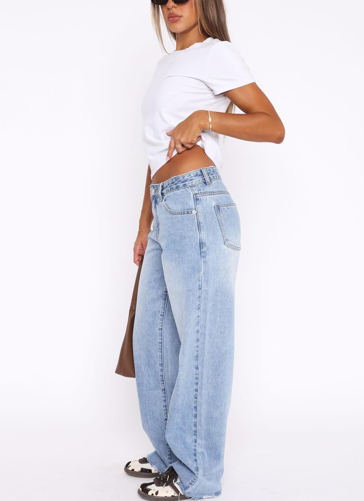 Sxidecgqi Women's Wide Straight Leg Denim Jeans Mid Low Waist Baggy Jeans for Women Frayed Raw Hem Loose Boyfriends Denim Pants Y2K 90S Casual Trousers(Light Blue XL)