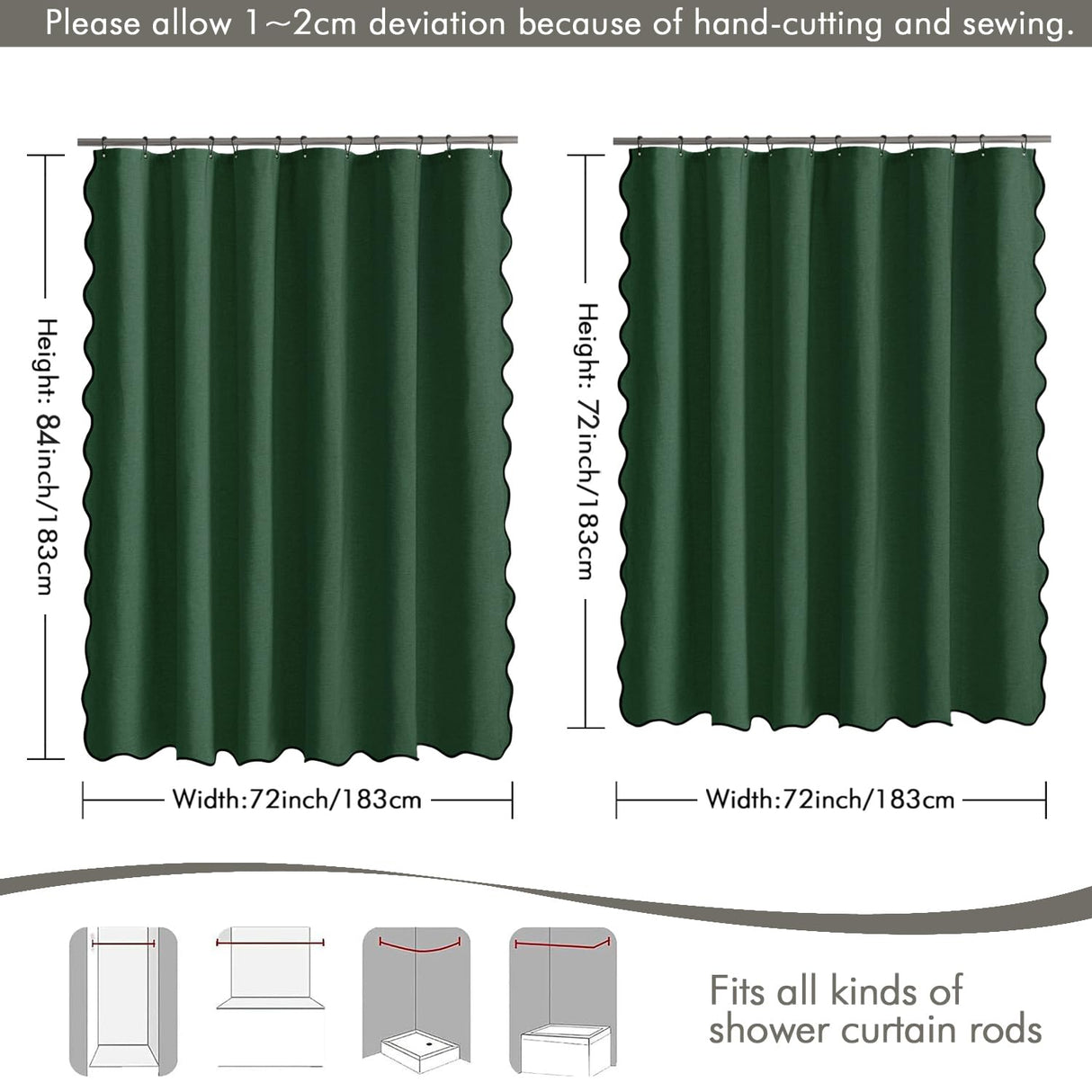 MIULEE Christmas Dark Green Scalloped Shower Curtain Linen Textured with 12 Metal Hooks Cute Heavy Duty Washable Waterproof Thick Cloth Shower Curtains with Black Border for Bathroom Hotel,W72*L72