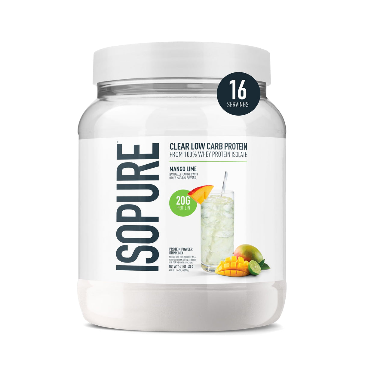 Isopure Clear Whey Isolate Protein Powder, Lactose Free, Gluten Free, Naturally Flavored, Mango Lime, 20g Protein Per Serving, 14.1 Oz, 16 Servings (Packaging May Vary)
