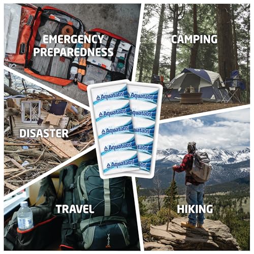 Aquatabs 49mg Water Purification Tablets (100 Pack). Water Filtration System for Hiking, Backpacking, Camping, Emergencies, Survival, and Home-Use. Easy to Use Treatment and Disinfection.