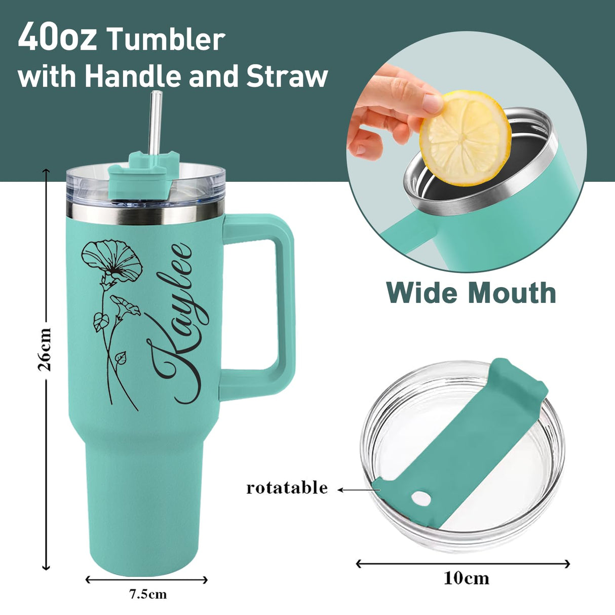 Elemtansy Personalized 40 Oz Tumbler with Handle and Straw, Custom Cup with Name & Birth Flower, Stainless Steel Travel Coffee Tumbler,Personalized Christmas Birthday Gifts for Women, Teen Girls