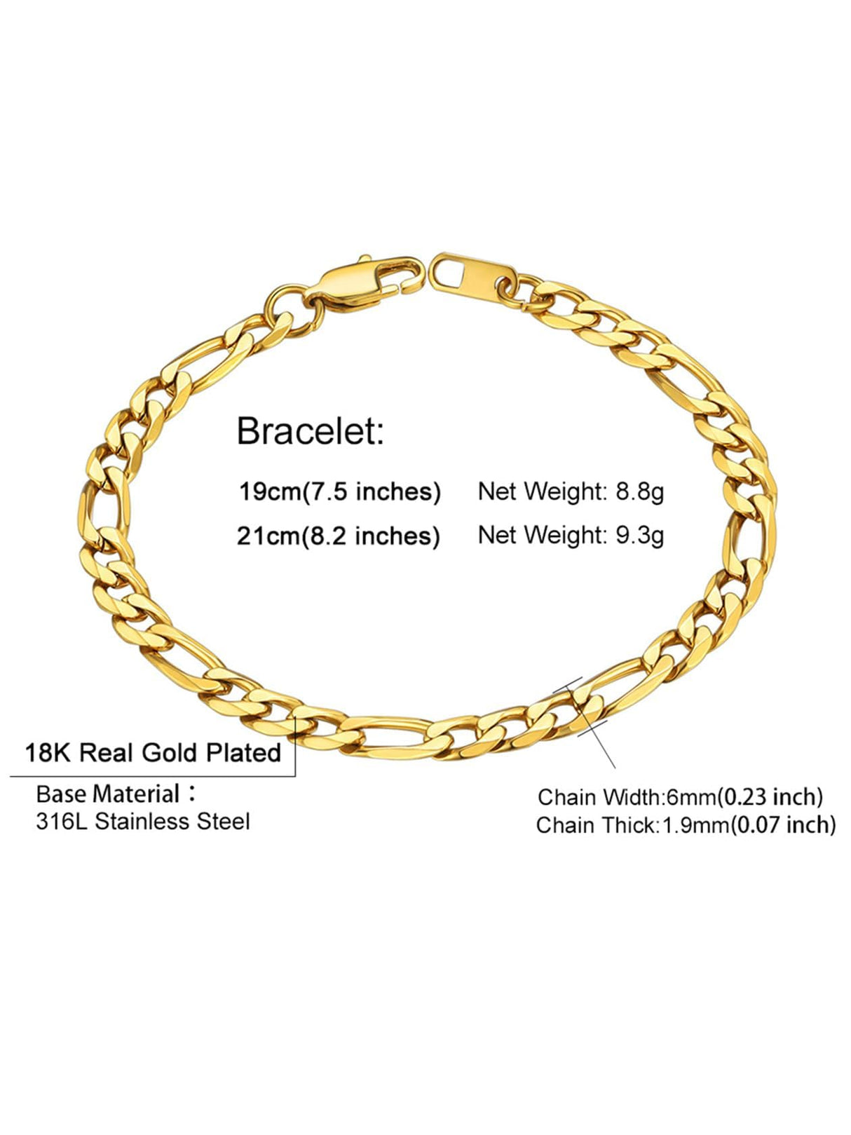 Gold Figaro Bracelet Men&Women Bracelet 6mm 8.3/'' Golden Wrist Chain Bracelet Gift