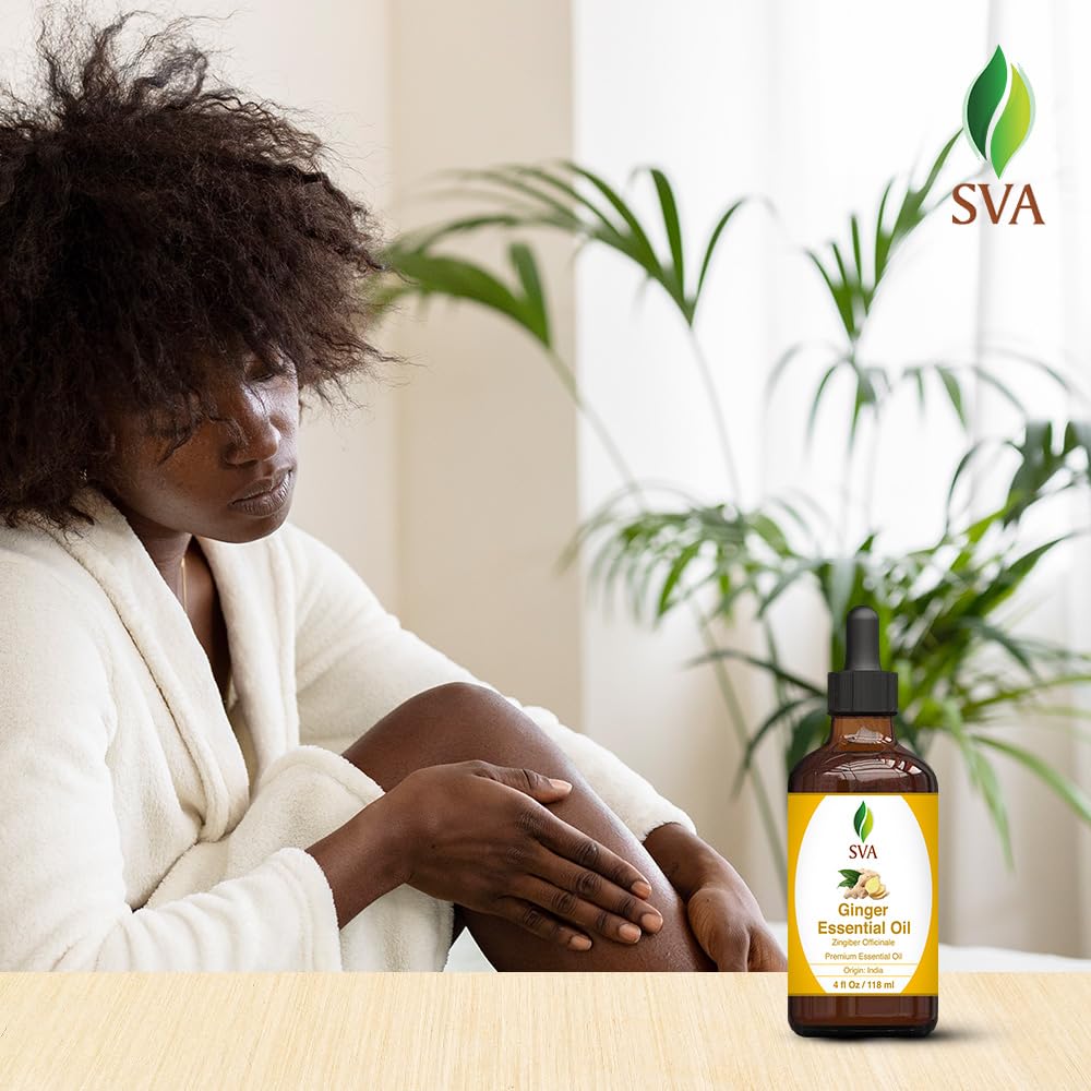 SVA Ginger Essential Oil – 4 Fl Oz – 100% Natural Ginger Oil - for Diffuser, Hair Care, Face, Skin Care, Aromatherapy, Scalp and Body Massage, Soap and Candle Making – with Dropper