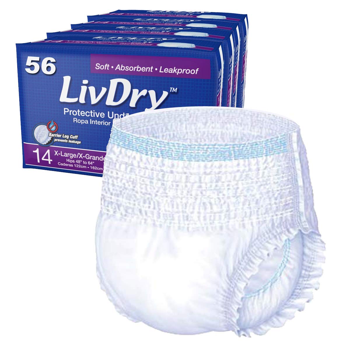 LivDry Adult XL Incontinence Underwear, Extra Absorbency Adult Diapers, Leak Protection, X-Large, 56-Pack