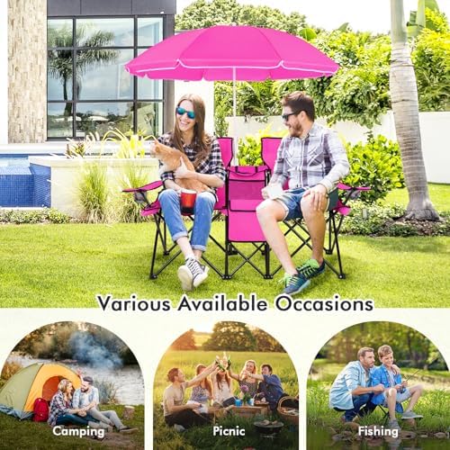 KOTEK Double Camping Chair, Folding Camp Chair with Removable Umbrella, Cup Holders, Cooler Bag, Side Pocket & Carry Bag, 2-Person Beach Chair for Outdoor, Sports, Concerts, Travel, Picnic (Pink)