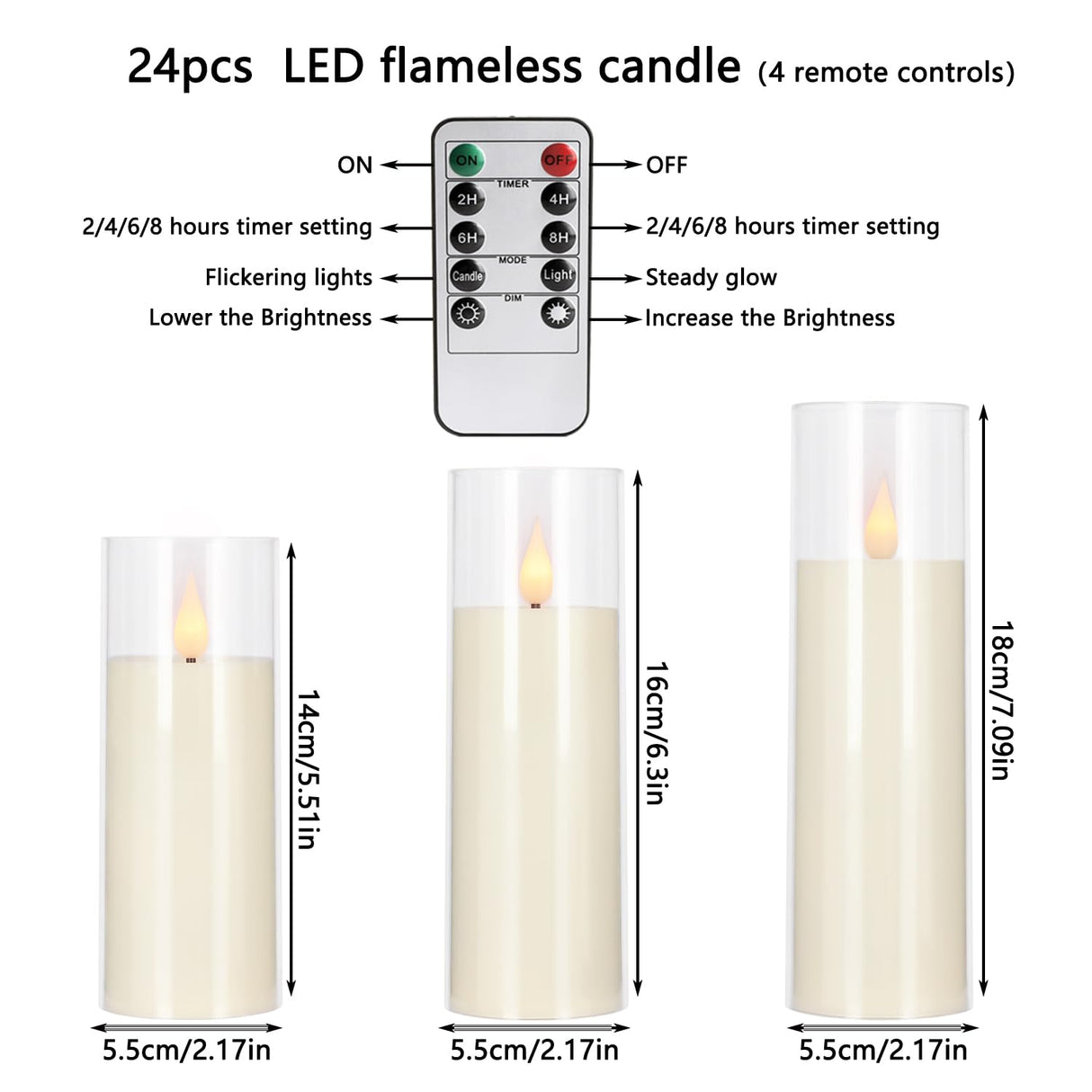 YOROXRG Flickering Flameless Candles Battery Operated with Remote,Led Pillar Candles with Realistic Moving Wick Candles for Halloween,Christmas,Home Decor Pack of 24 (D2.2 xH 5" 6" 7")(Ivory)