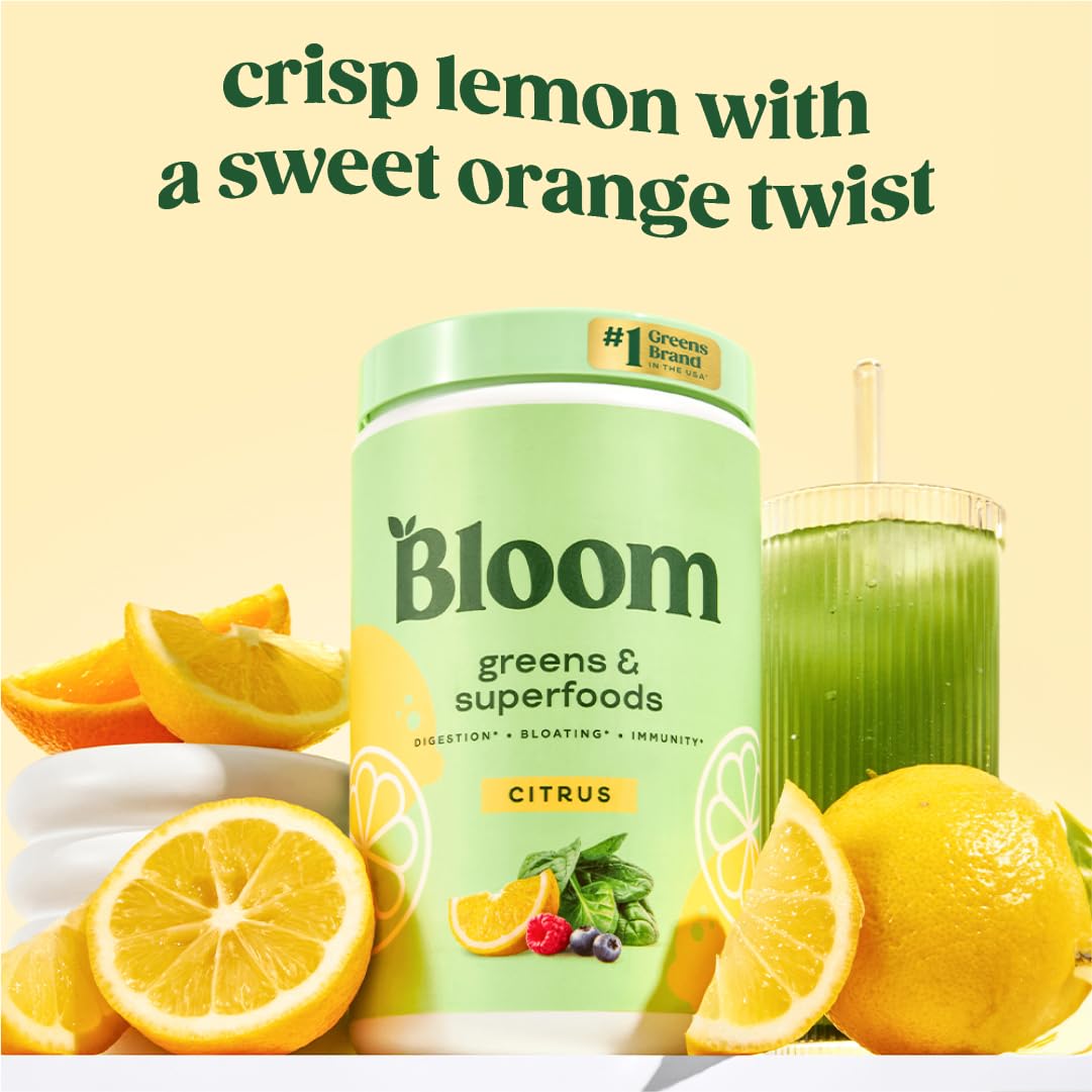 Bloom Nutrition Superfood Greens Powder, Digestive Enzymes with Probiotics and Prebiotics, Gut Health, Bloating Relief for Women, Chlorella, Green Juice Mix with Beet Root Powder, 60 SVG, Citrus