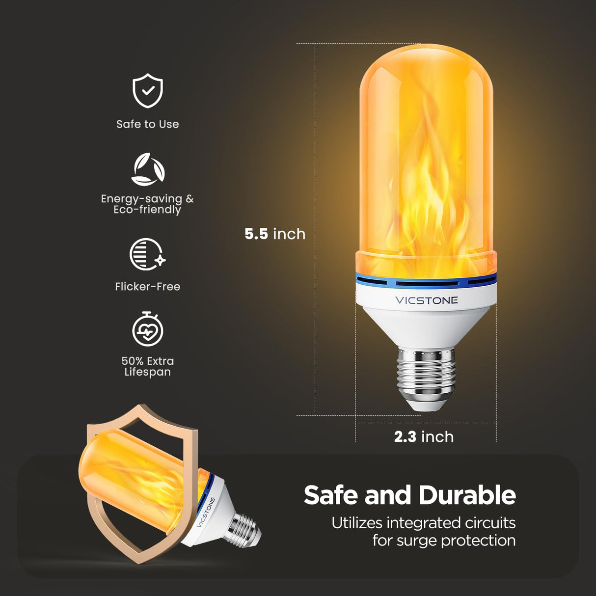 Vicstone Dusk to Dawn LED Flame Light Bulbs Outdoor, 4 Modes E26 Flickering Light Bulbs with Upside Down Effect, Fire Bulb for Halloween Christmas Patio Porch Party Home Indoor Decorations - 4