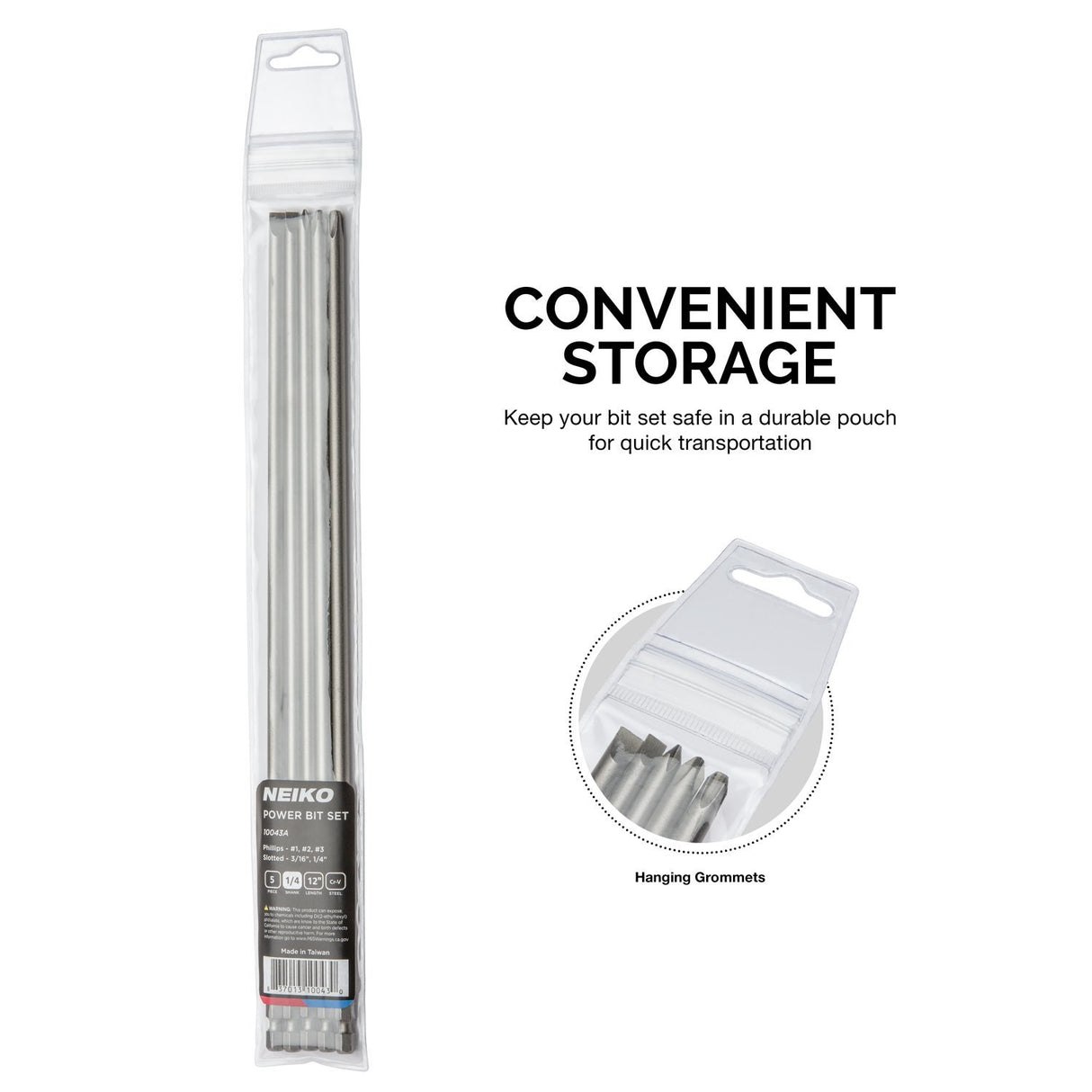 NEIKO 10043A Extra Long Bit Set | 5-Piece | Cr-V Steel | 12-Inch Length Phillips and Slotted Screwdriver Bits |1/4-Inch Hex Shank | Power Driver Bit Set