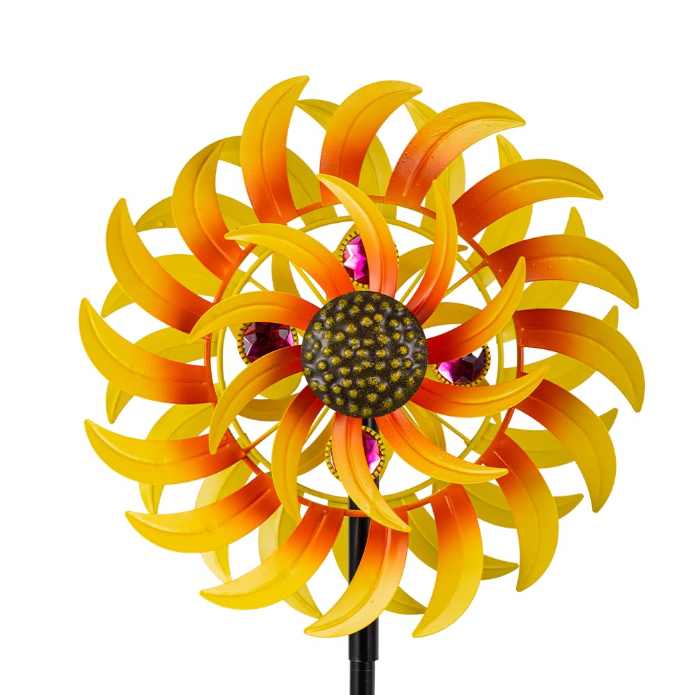 VEWOSTAR Metal Sunflower Wind Spinner Outdoor,13Inch Large Double Windmill Pinwheels with Stake,Kinetic Wind Sculpture Outdoor for Yard, Garden, Lawn Decorations