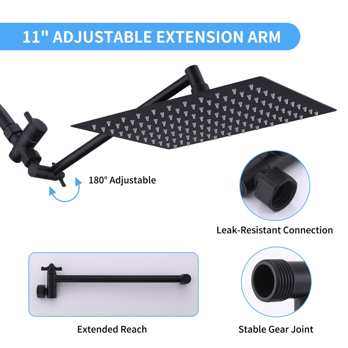 Peicuai Shower Head Combo, 10-Inch High-Pressure Rainfall Shower Head with 11-Inch Adjustable Extension Arm, 5-Setting Matte Black Handheld Shower with Long Hose, Powerful Spray for Low Water Pressure