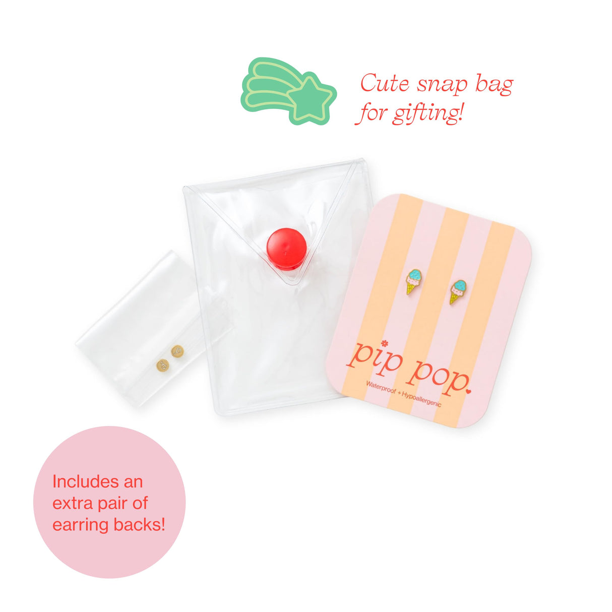Pip Pop Ice Cream Flat Back Stud Earrings - Hypoallergenic, Gold PVD