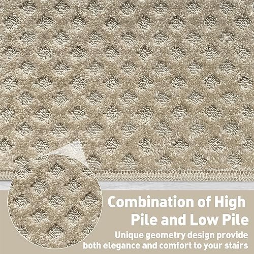 PURE ERA Bullnose Carpet Stair Treads Tape Free Non-Slip Indoor Stair Protectors Pet Friendly Stair Treads for Wooden Steps 9.5" x 30"(14 Pieces,Cream Gray Mini-Diamond Trellis)