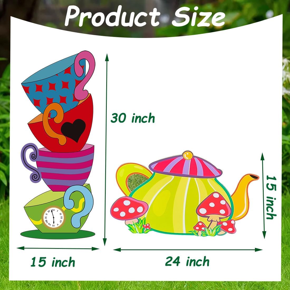2 Pcs Giant Alice Party Decorations Props Sets Wonderland Yard Signs Decor Mad HatterTea Party Decoration Alice Themed Trick or Treat Stacked TeacupsTeapot with Stakes Stand Indoor Outdoor
