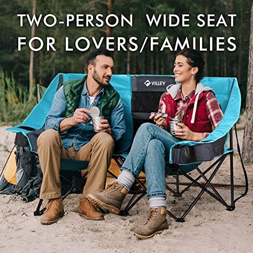 VILLEY Double Camping Chair w/Cooler Bag, Extra Wide Loveseat, Heavy Duty Padded Camping Couch, Portable Folding Chair w/Carry Bag Steel Frame Cup Holders for Camp Lawn Picnic Sports, Support 600LBS