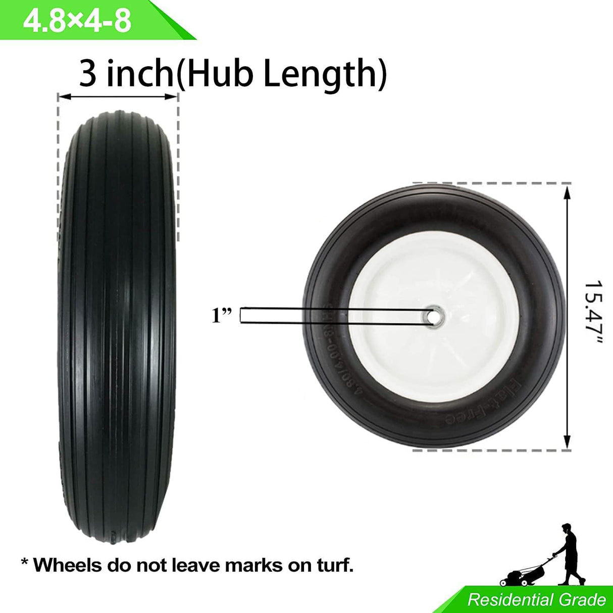 Wheelbarrow Tire 4.80 4.00-8 with 1 inch Axle, 3" Hub Flat Free 16 inch Solid Foamed Tire Replacement Wheelbarrow Wheel 4.80-8 for Log Splitter Wheel Barrel Yard Cart Garden Wagons