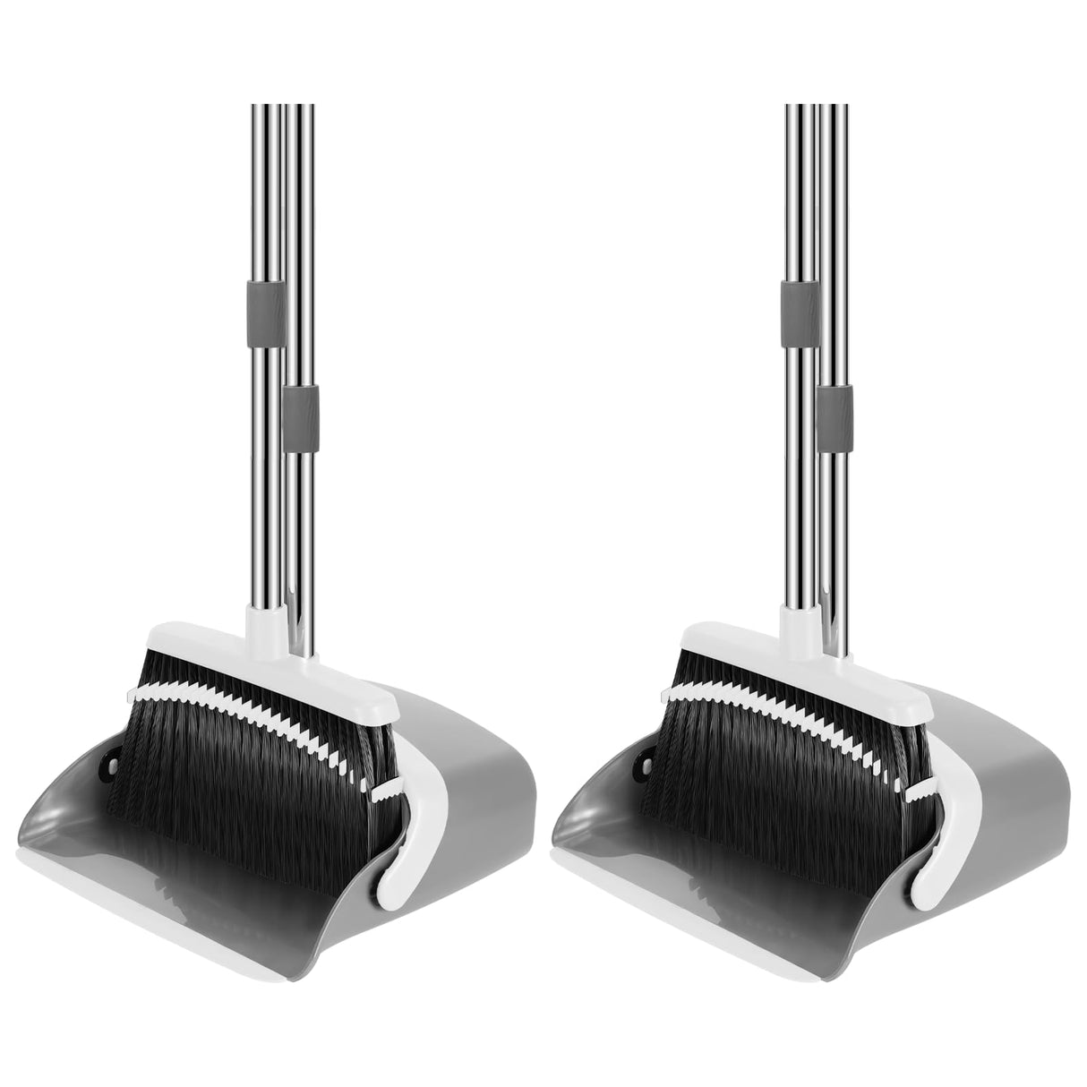NACENA Broom and Dustpan Set, 52-in Long Adjustable Handle Broom Dustpan Combo with Dustpan Teeth to Automatically Clean Hair Suitable for Home Kitchen Office Hall Floor (Grey&White), 2 Pack