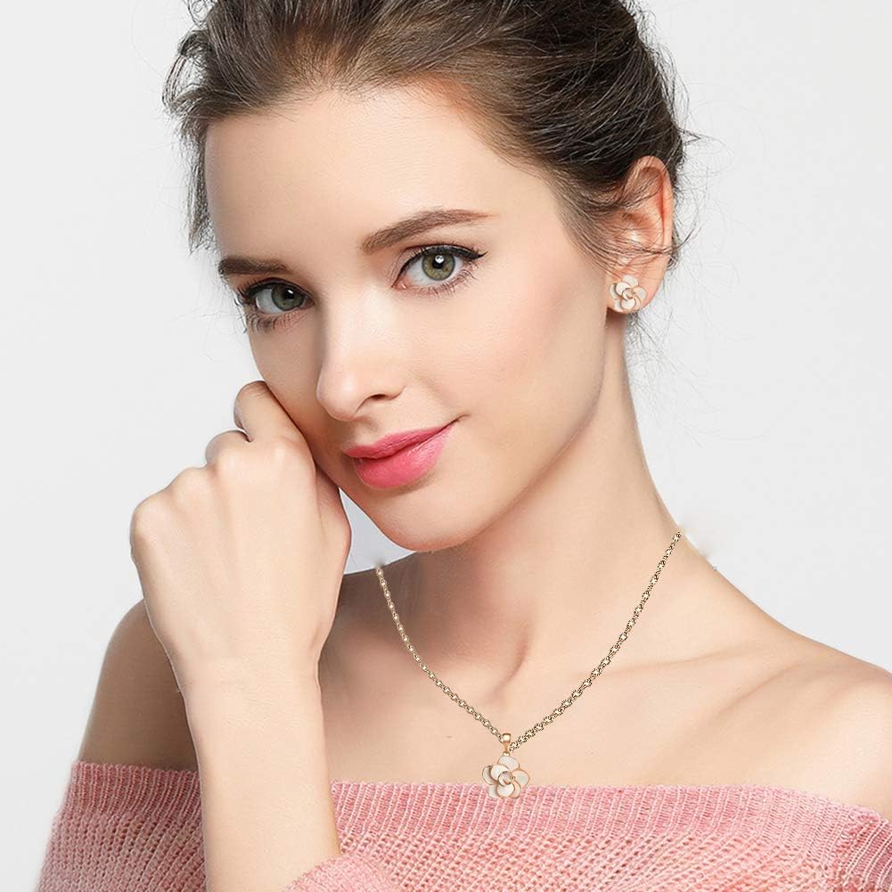 EVEVIC Rose Flower Necklace and Stud Earrings Set for Women,18K Gold Plated