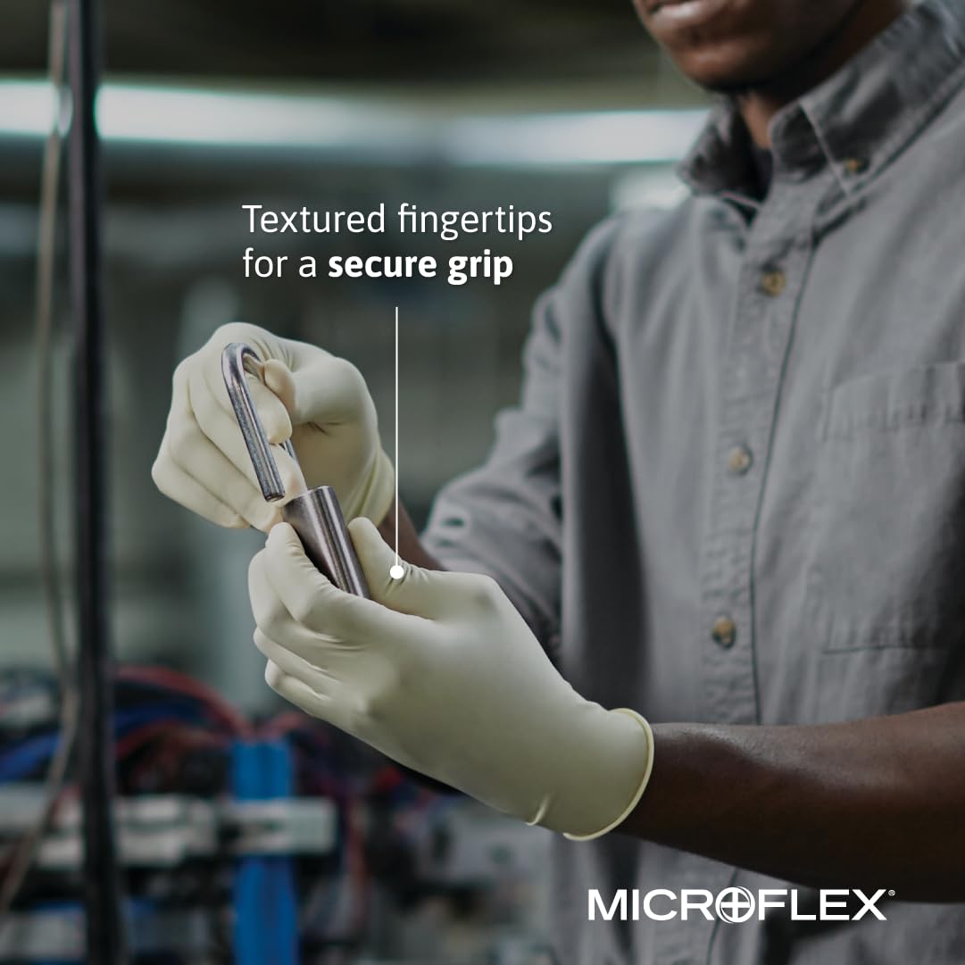 Ansell MICROFLEX Diamond Grip MF-300 Disposable Latex Gloves for Automotive, Healthcare, Machinery Industries - Small, Natural (Box of 100)