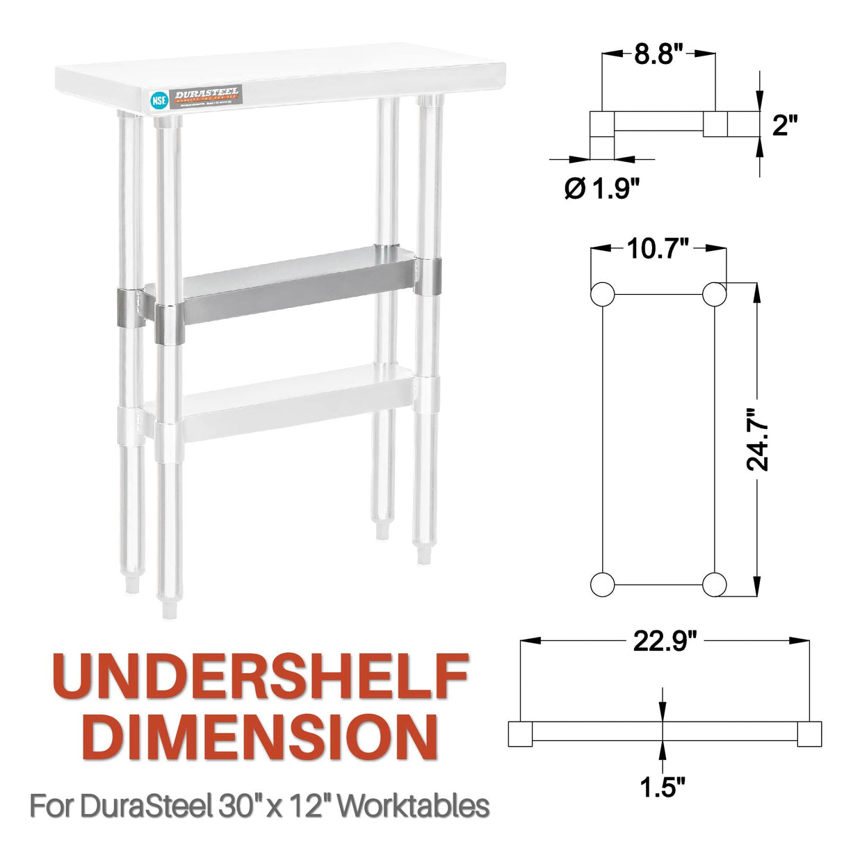 DuraSteel Galvanized Under Shelf for Work Tables - Extra Adjustable Lower Shelf for 30" x 12" Stainless Steel and Wooden Worktables - Fits for use in Restaurant, Warehouse, Home, Kitchen, Garage
