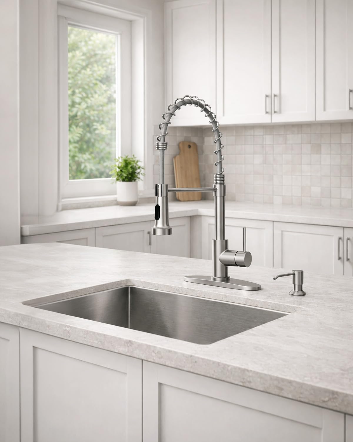 LUFEIDRA Kitchen Faucet with Pull Down Sprayer and Soap Dispenser, High Arc Spring 304 Stainless Steel Single Handle 1 or 3 Hole 2 Mode for Farmhouse RV Camper Laundry Bar Pot Filler (Brushed Nickel)