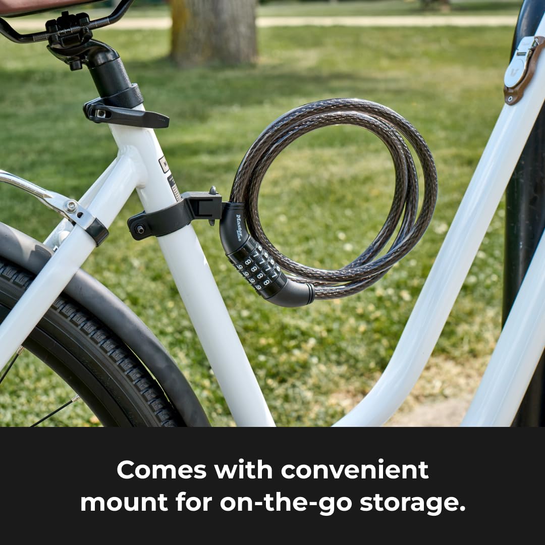 Master Lock Bike Cable Lock 5' x 1/2" Heavy Duty Anti-Theft Bike Lock Steel Cable with Black Weather Resistant Vinyl Coating for Bikes, Ebikes & Scooters, 5 Feet Long, 8370D
