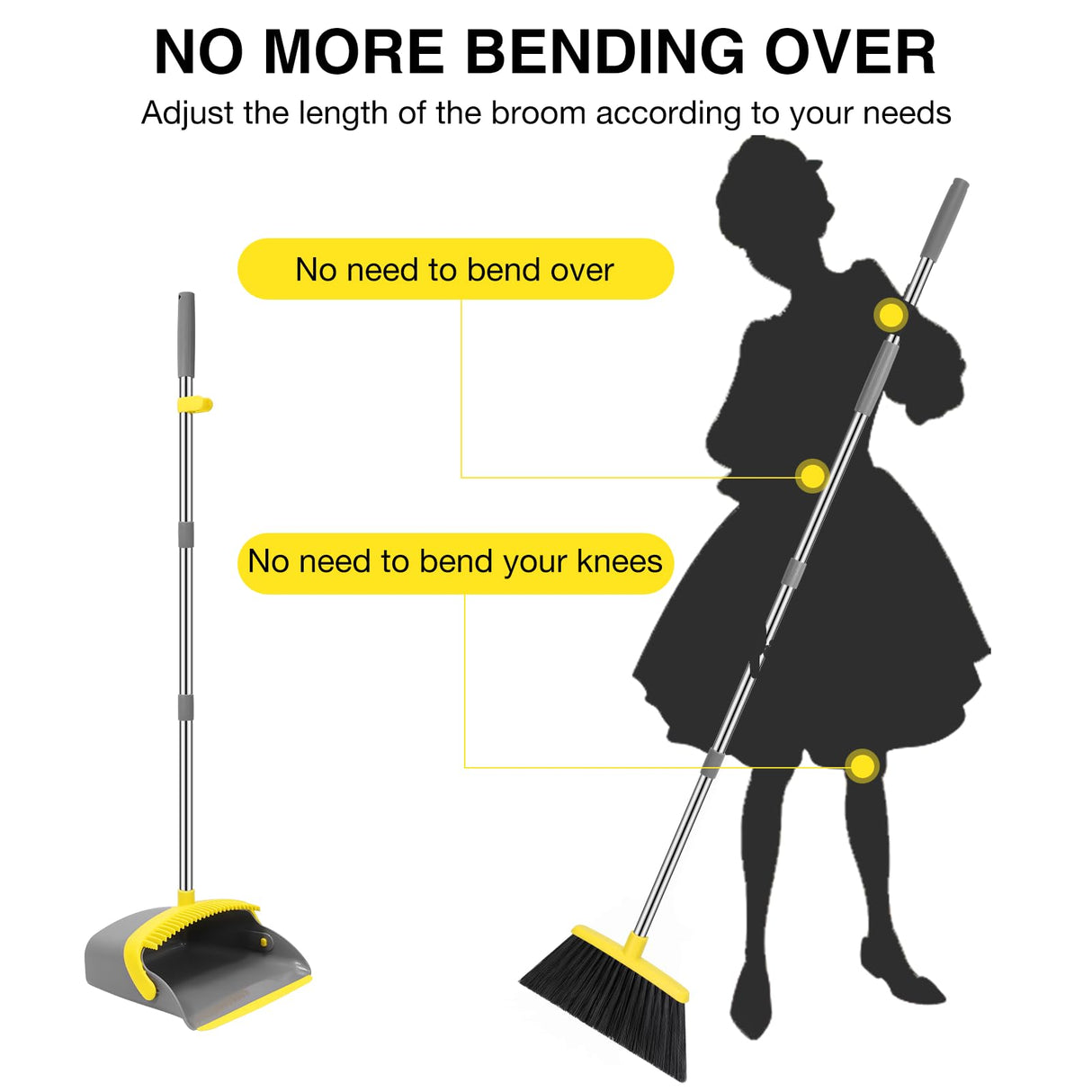 NACENA Broom and Dustpan Set, 52-in Long Adjustable Handle Broom Dustpan Combo with Dustpan Teeth to Automatically Clean Hair Suitable for Home Kitchen Office Hall Floor (Grey&Yellow), 2 Pack