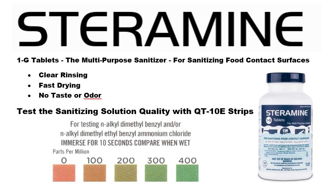 2 Bottles Steramine Sanitizer Tablets - 15x QT-10 Test Strip - Multi Purpose Steramine Sanitizing Tablets for Food Contact Surface in Kitchen, Restaurant & Food Service by FryOilSaver Co. (300 Count)