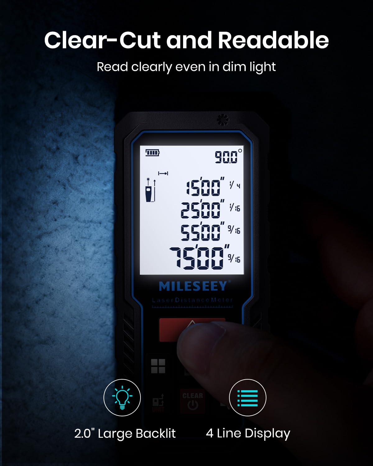 Laser Measure Device, MiLESEEY 229ft Digital Laser Tape Measure with Upgrade Electronic Angle Sensor, 2mm Accuracy, Area Measurement,Volume and Pythagoras, 2" LCD Backlit,Mute, Battery Included